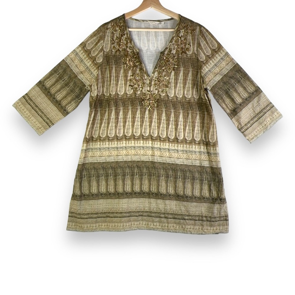 Soft Surroundings Womens Boho Tunic Large Beaded‎ Artisan Linen Resort Hippie